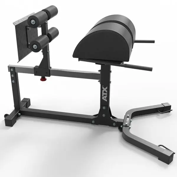 A black hyperextension bench with padded supports and a sturdy metal frame, this versatile glute fitness machine features adjustable components for personalized workouts. It's designed for back and core strengthening exercises, making it a valuable addition to any gym.