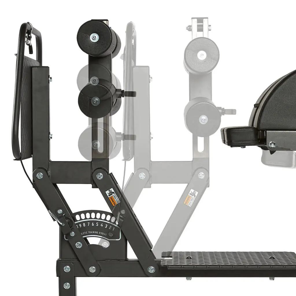 Close-up of a black adjustable GHD machine, showing rotating padded rollers and a hinge with numbered angle settings for various exercise positions. The machine's structure is robust with metal bolts and support bars.