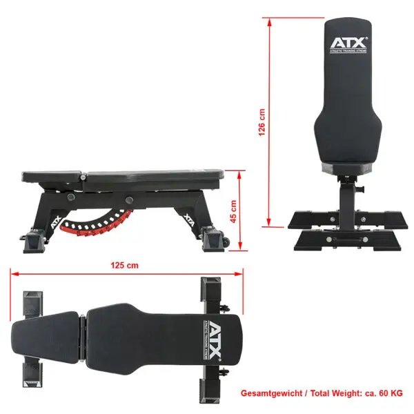 Image of the ATX® Utility Bulls Bench, a black adjustable workout bench with dimensions: 126 cm height, 125 cm length, and 45 cm width. The ATX logo is displayed on the backrest, and it weighs about 60 kg.