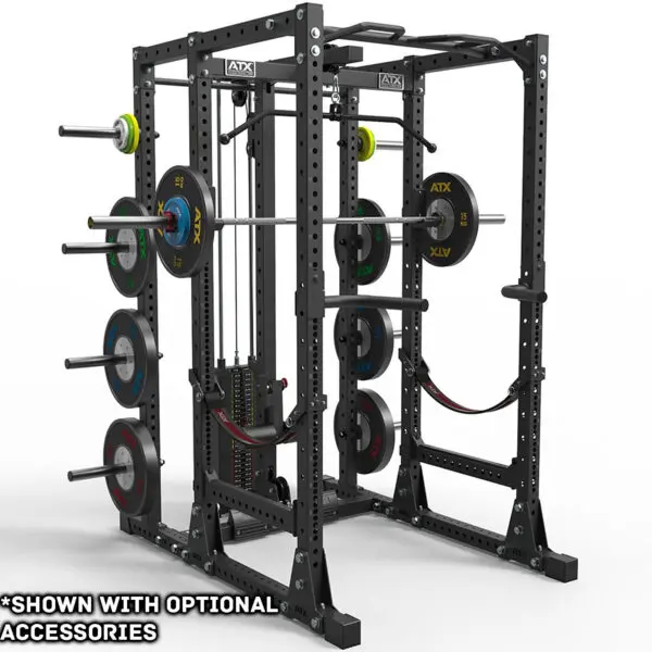 The ATX® Power Rack 755 Short Distance in black comes with weights and attachments, such as weight plates and bars, offering various exercise options for strength training. *Shown with optional accessories.