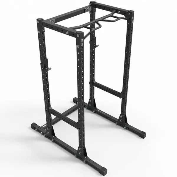 The ATX® Power Rack 755 Short Distance features a black metal frame with adjustable safety bars and a pull-up bar attachment, offering multiple holes for barbell placement. Its perfect for strength training exercises like squats and bench presses.