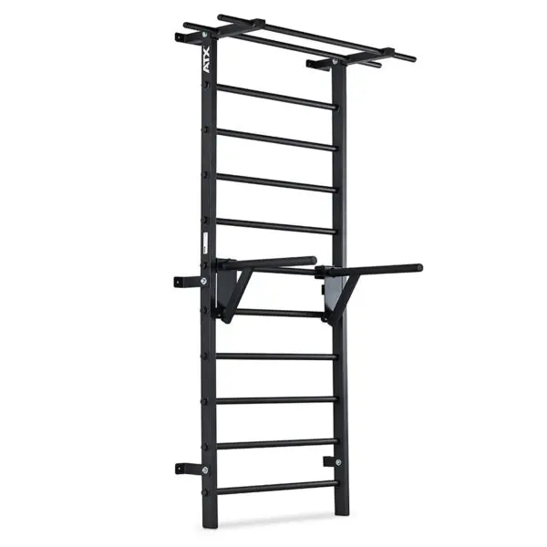The ATX® Wall Bar Gym is a wall-mounted black metal pull-up and dip bar with a ladder design, similar to Swedish Bars, featuring multiple rungs and robust side brackets for support.