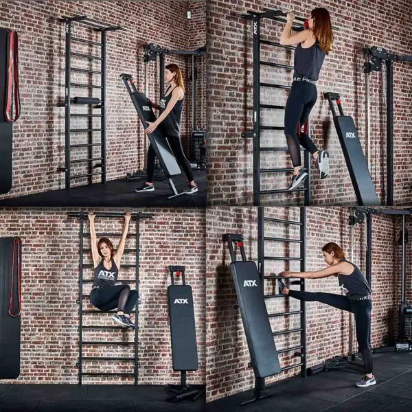 A woman in athletic wear uses the ATX® Wall Bar Gym against a brick wall to perform pull-ups, use an inclined bench, hang from stall bars, and stretch her leg.