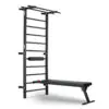 The ATX® Wall Bar Gym is a black, wall-mounted workout station with a pull-up bar, adjustable bench, and padded support bar. It offers versatile home fitness exercises with multiple rungs for varied positions, reminiscent of classic Swedish bars for an enhanced exercise experience.