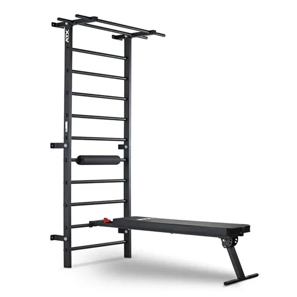 The ATX® Wall Bar Gym is a black, wall-mounted workout station with a pull-up bar, adjustable bench, and padded support bar. It offers versatile home fitness exercises with multiple rungs for varied positions, reminiscent of classic Swedish bars for an enhanced exercise experience.