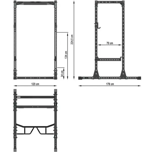 The ATX® Power Rack 755 Short Distance features a diagram with dimensions: front view width 123 cm, height 224.5 cm; side view depth 178 cm. Middle section is 184 cm, lower bar at 34 cm, inner section width is 70 cm, and it includes multiple adjustment holes.