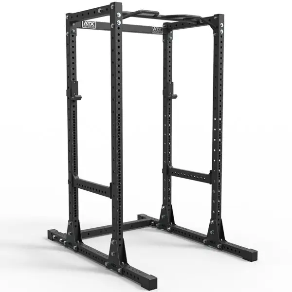 The ATX® Power Rack 755 Short Distance is a black rack with adjustable holes for custom barbell placement, a sturdy frame, and a pull-up bar, set against a white background.