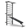 The ATX® Wall Bar Gym is a black wall-mounted setup combining Swedish bars and an angled incline bench with padded support, perfect for strength training exercises.