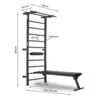 The ATX® Wall Bar Gym is a versatile workout station with Swedish bars, a pull-up bar, and a detachable bench. Its dimensions are 108 cm in width, 220 cm in height, and up to 161.5 cm in length for the bench.