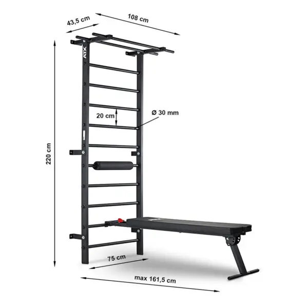The ATX® Wall Bar Gym is a versatile workout station with Swedish bars, a pull-up bar, and a detachable bench. Its dimensions are 108 cm in width, 220 cm in height, and up to 161.5 cm in length for the bench.