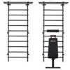 The ATX® Wall Bar Gym, a black wall-mounted pull-up and dip station with Stall Bars, features both vertical and horizontal workout bars. Below it is an adjustable workout bench labeled ATX.