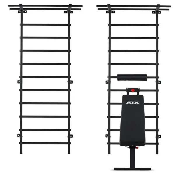 The ATX® Wall Bar Gym, a black wall-mounted pull-up and dip station with Stall Bars, features both vertical and horizontal workout bars. Below it is an adjustable workout bench labeled ATX.