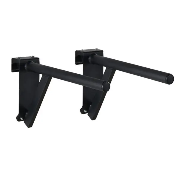The ATX® Wall Bar Gym features a pair of black metal wall-mounted dip bars with cylindrical grips, perfect for upper body workouts. Angled for stability, they complement Swedish Bars and are securely attached to brackets for reliable wall mounting.