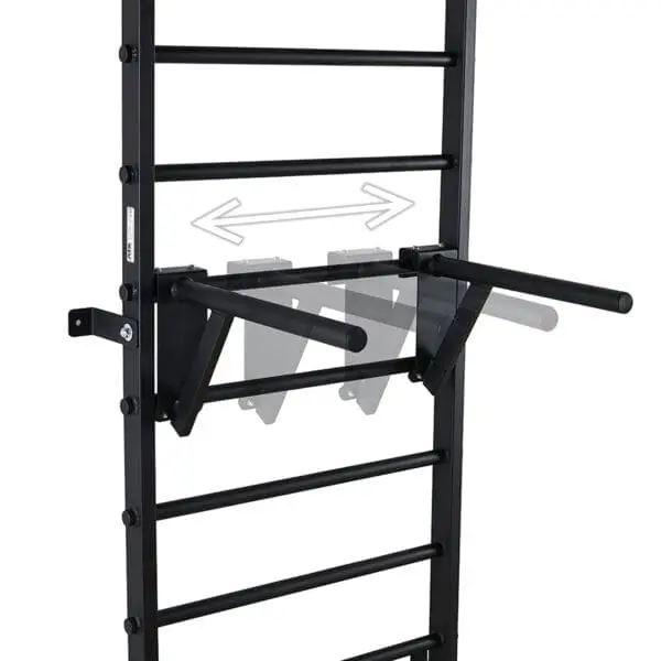 The ATX® Wall Bar Gym is a black wall-mounted pull-up bar with multiple horizontal rungs, two extendable dip bars, and adjustable position arrows that offer a versatile fitness routine reminiscent of classic Swedish Wall Bars.