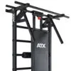 The ATX® Wall Bar Gym is a black wall-mounted workout station with a pull-up bar, dip bars, and padded backrest. Its sturdy design supports exercises like pull-ups and dips, making it perfect for versatile home gyms.