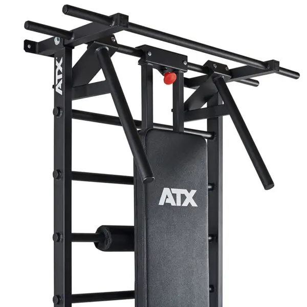 The ATX® Wall Bar Gym is a black wall-mounted workout station with a pull-up bar, dip bars, and padded backrest. Its sturdy design supports exercises like pull-ups and dips, making it perfect for versatile home gyms.