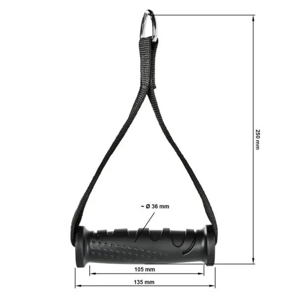 The ATX® ERGO Stirrup Handle is black with a strap and metal ring attachment. It measures 105mm by 135mm, a diameter of 36mm, and a total length of 280mm. The handle has a textured surface for grip.