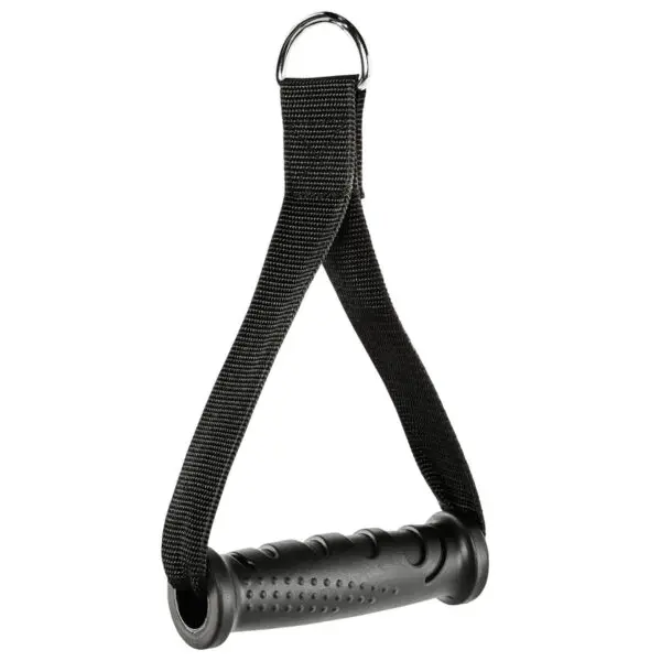 The ATX® ERGO Stirrup Handle is a black exercise handle featuring a textured grip and an attached strap with a metal D-ring for attachment.
