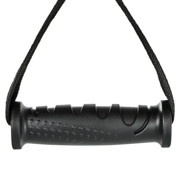The ATX® ERGO Stirrup Handle is a black plastic handle with grooves for grip, dotted textures on one side, and a curved indentation on the other, attached to a braided black rope.