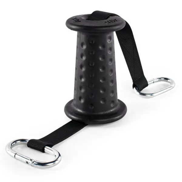 The ATX® Conic Fat Grips are black training tools featuring a textured grip and two carabiners connected via straps, ideal for enhancing grip strength exercises.