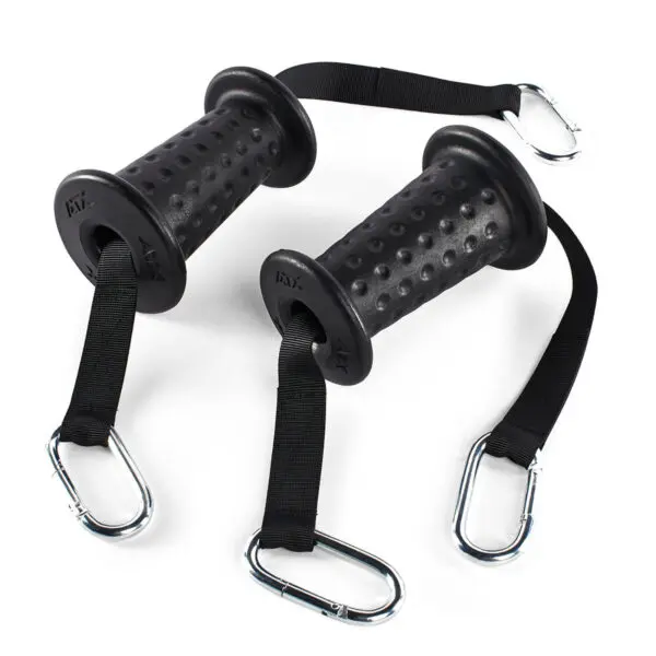 The ATX® Conic Fat Grips feature two black textured handles with black straps ending in silver carabiners, ideal for strength training and providing a firm grip during exercises.