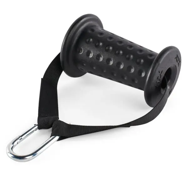 The ATX® Conic Fat Grips is a black hand grip trainer featuring textured, fat grips on a cylindrical handle, connected to a black strap with a silver carabiner clip.