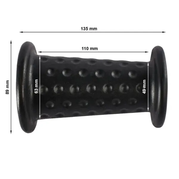The ATX® Conic Fat Grips massage roller is black and cylindrical, featuring a textured surface with flared edges. It measures 135mm long, 110mm wide, 89mm high, with a center diameter of 63mm and a base diameter of 49mm.