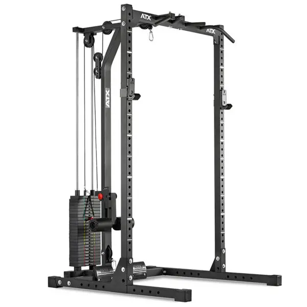 The ATX® HRX-620 Half Rack System Pin Loaded 115 kg is a black rectangular machine designed for gym use, featuring multiple weight stacks and pulleys. Its sturdy metal frame supports various exercises to target different muscle groups effectively.