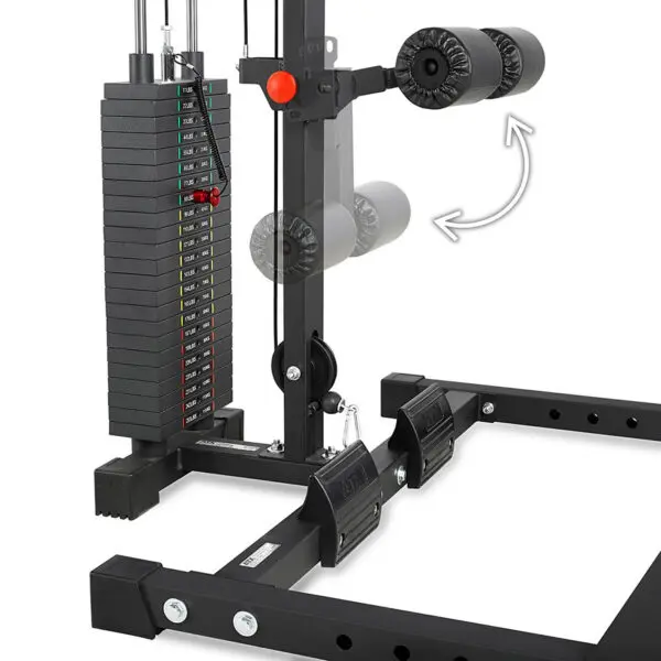 The ATX® HRX-620 Half Rack System Pin Loaded 115 kg features a stack of weights labeled from 10 to 150 lbs, adjustable rollers indicated by an arrow on the metal frame, and foot pedals.