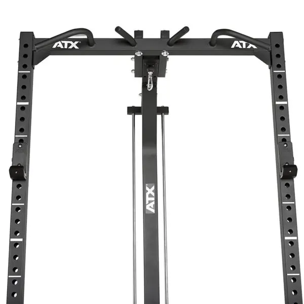 A close-up view of the top section of the ATX® HRX-620 Half Rack System Pin Loaded 115 kg shows multiple adjustable holes and pull-up bar attachments, with the ATX brand visible in white on the black metal frame.