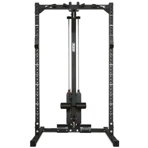 The ATX® HRX-620 Half Rack System Pin Loaded 115 kg is black and includes a vertical cable pulley system, adjustable height settings, safety bars, and pulleys for various exercises.