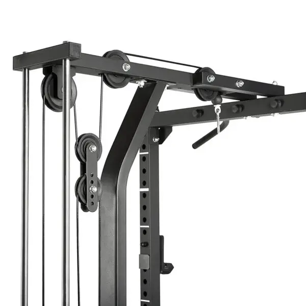 A close-up of the ATX® HRX-620 Half Rack System Pin Loaded 115 kg, showcasing its pulley system with steel cables and hooks. Its black metal frame stands out against a white background.