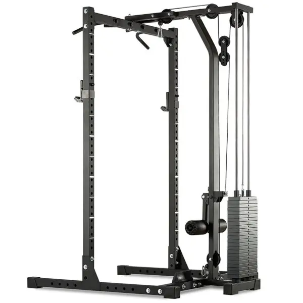 The ATX® HRX-620 Half Rack System Pin Loaded 115 kg is a black multifunctional power rack featuring various attachments and pulleys, ideal for strength training in a home gym.