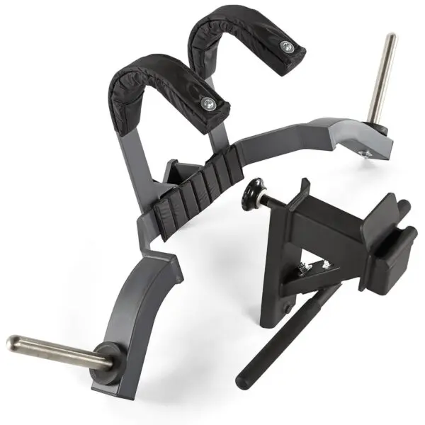 The ATX® Leg Master - Rack Add-On is a black and silver safety squat bar featuring padded shoulders and weight plate holders on a white background. Its unique angled handles and sturdy frame offer enhanced support for your leg workouts.