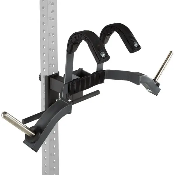 The ATX® Leg Master - Rack Add-On is a black and gray fitness attachment designed for use with power racks. It includes two curved shoulder-support pads and horizontal bars for weight plates, all mounted on a metal rack.