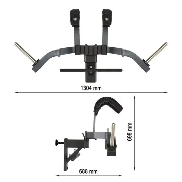 Image of the ATX® Leg Master - Rack Add-On, showing a heavy-duty bicycle repair stand with a wide clamp arm and rod holders measuring 1304 mm across. It features a height of 698 mm and a base width of 688 mm, ensuring stability for all your repair needs.