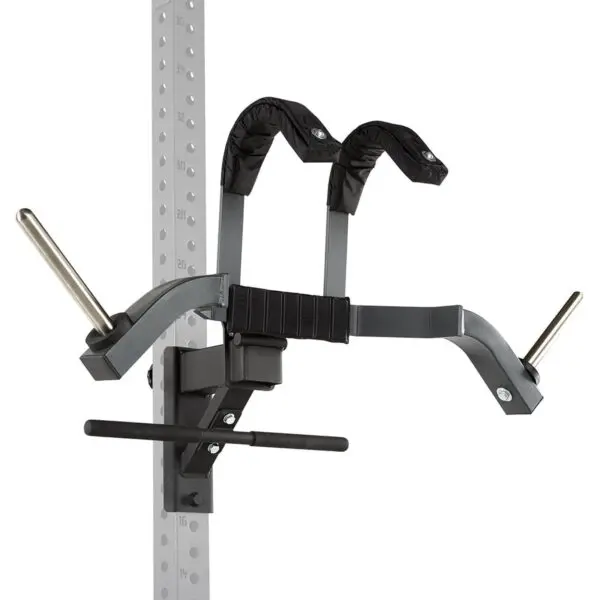 The ATX® Leg Master - Rack Add-On, similar in versatility to a leg master, attaches to a vertical metal support beam. It features padded grips for various hand positions and includes two horizontal pegs on each side for convenient weight storage.