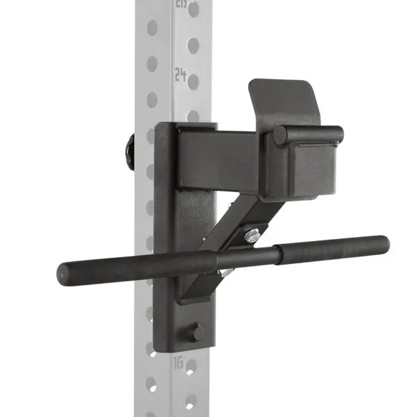 Close-up of the ATX® Leg Master - Rack Add-On, a black landmine attachment secured to a steel power rack. It includes a pivoting sleeve for holding a barbell, ideal for rotational strength exercises.