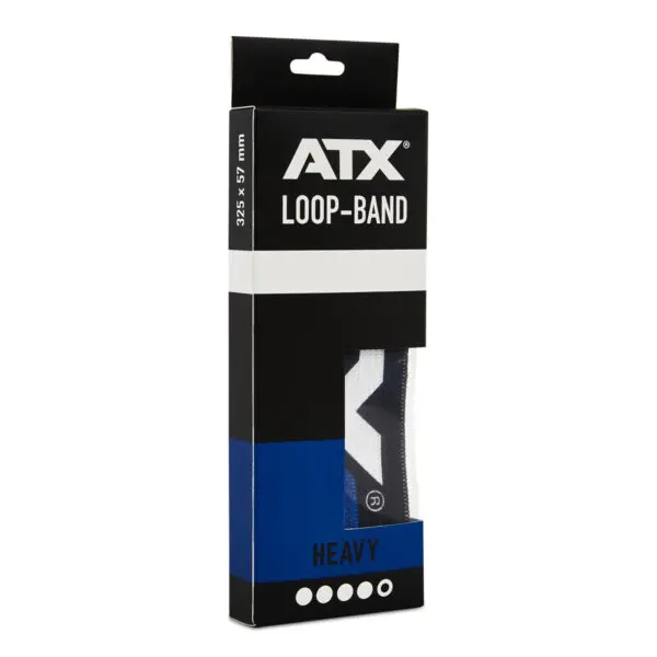 The packaging of the ATX® Loop Band resistance band, labeled as Heavy, measures 32% x 57 mm. The box comes in black, white, and blue and partially displays the product through a viewing window.