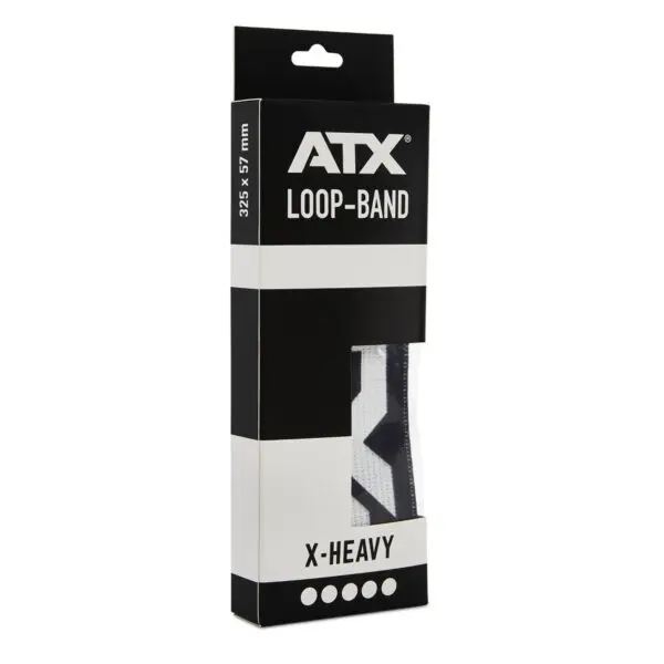 The image shows the packaging for an ATX® Loop Band in a black and white design, labeled as X-Heavy, with dimensions of 327.5 x 57 mm. A section of the resistance band is visible, suggesting its sturdy construction suitable for high-intensity exercises.