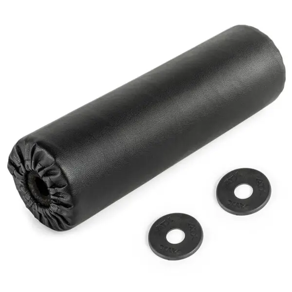 The ATX® LR Foam Roller, black and cylindrical with a smooth surface, is displayed on a white background. It includes two black circular end caps with small central holes.