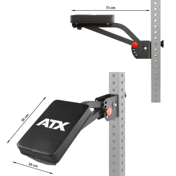 Image of the ATX® The Bridge Supporting Pad, a black support pad with ATX branding on a metal frame designed for vertical pole mounting. Dimensions: 73 cm (L) x 35 cm (H) x 25 cm (W).