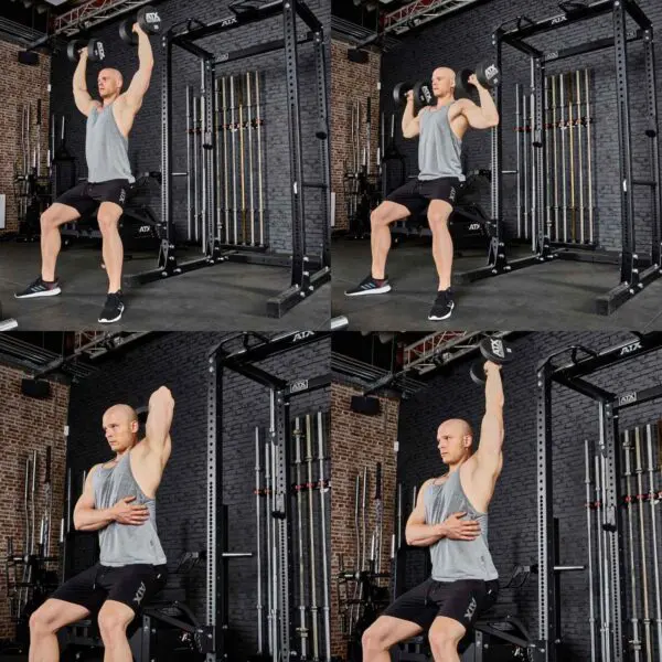 A person in a gym performs a seated dumbbell shoulder press using the ATX® The Bridge Supporting Pad. The image shows two angles: one with the dumbbell lifted overhead and another at shoulder height, set against weight racks and a textured brick wall in the background.