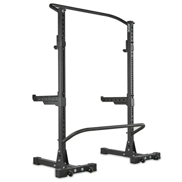 The ATX® Squat Stands Brace is a black squat rack with adjustable barbell supports and a pull-up bar, designed for weightlifting and strength training. It features a sturdy frame with bolt holes for height adjustments.