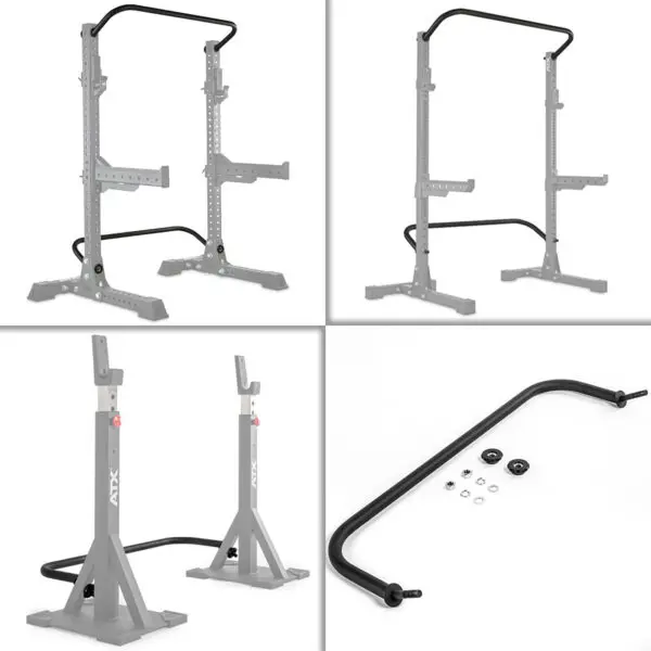 Image showing the ATX® Squat Stands Brace from multiple angles: top left and right reveal the full structure, bottom left highlights the base, and bottom right focuses on an attached bar and hardware components.