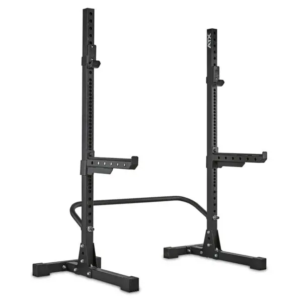 The ATX® Squat Stands Brace is a black squat rack featuring adjustable barbell holders and safety arms. Its sturdy metal frame is engineered for weightlifting and strength training.