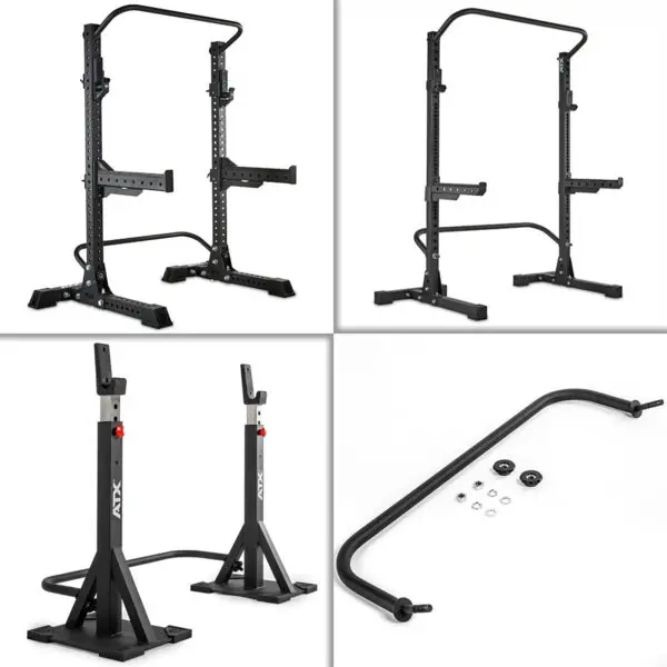 A collage showcases gym equipment: ATX® Squat Stands Brace, a squat rack, and a pull-up bar with screws displayed, all in black with red logos on a white background.