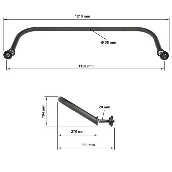 The ATX® Squat Stands Brace is displayed with dimensions: A top image shows a 1210 mm long, 38 mm diameter curved steel rod with components, and a side view showcases a part measuring 380 mm in length, 184 mm in height, and 20 mm in diameter.