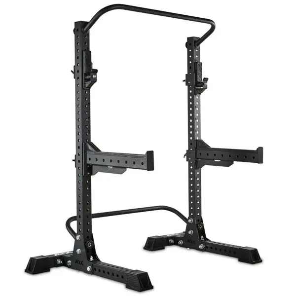 The ATX® Squat Stands Brace is a black squat rack featuring adjustable safety bars and pull-up bar, with multiple height adjustment holes. It stands on a sturdy base for weightlifting and strength training exercises.