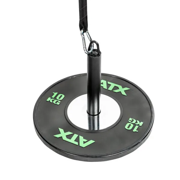 A 10 kg black weight plate labeled ATX from the ATX® Forearm Training Set is mounted on a cylindrical loading pin with a strap and carabiner, isolated on a white background.